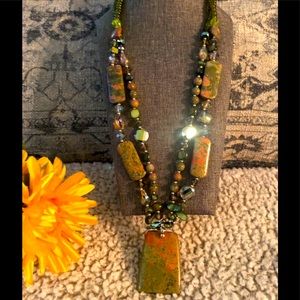 Unakite, Multi Gemstone Silvertone Necklace